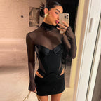 Vestido de rejilla sexy con cuello alto y aberturas